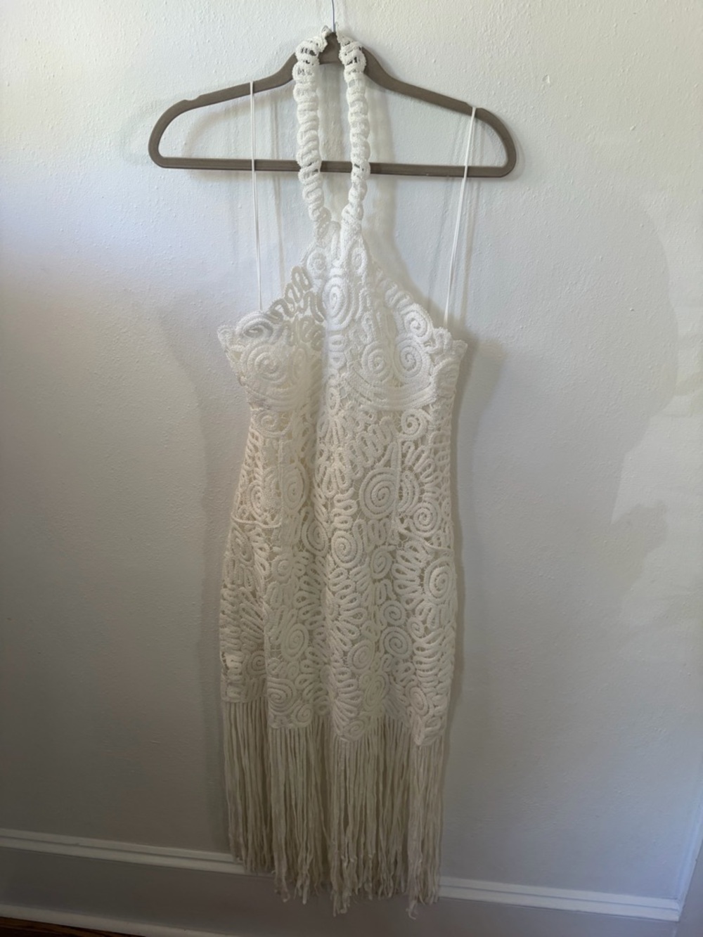 Jonathan Simkhai White Crochet Halter Fringe Midi Dress - Picture 3 of 8